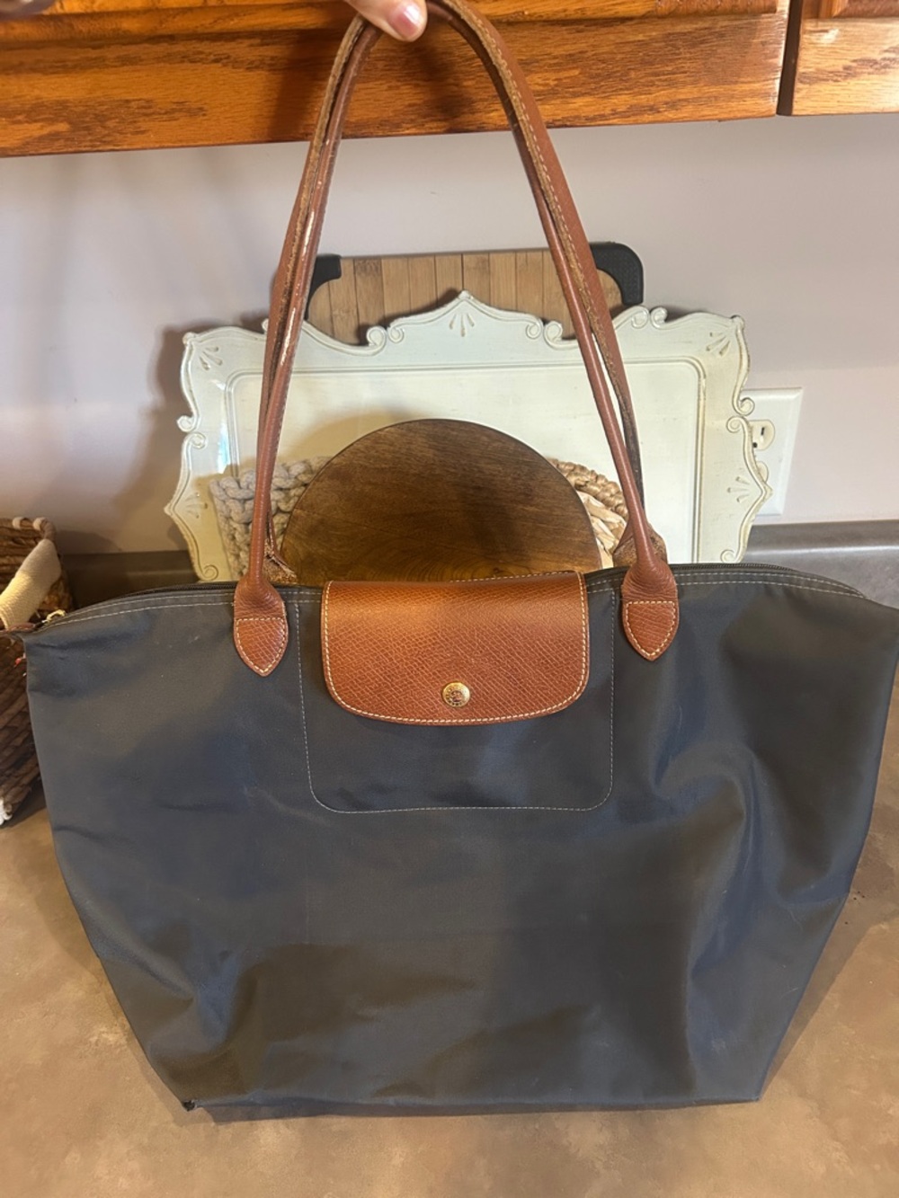 Longchamp Navy Tote with Brown Leather Trim